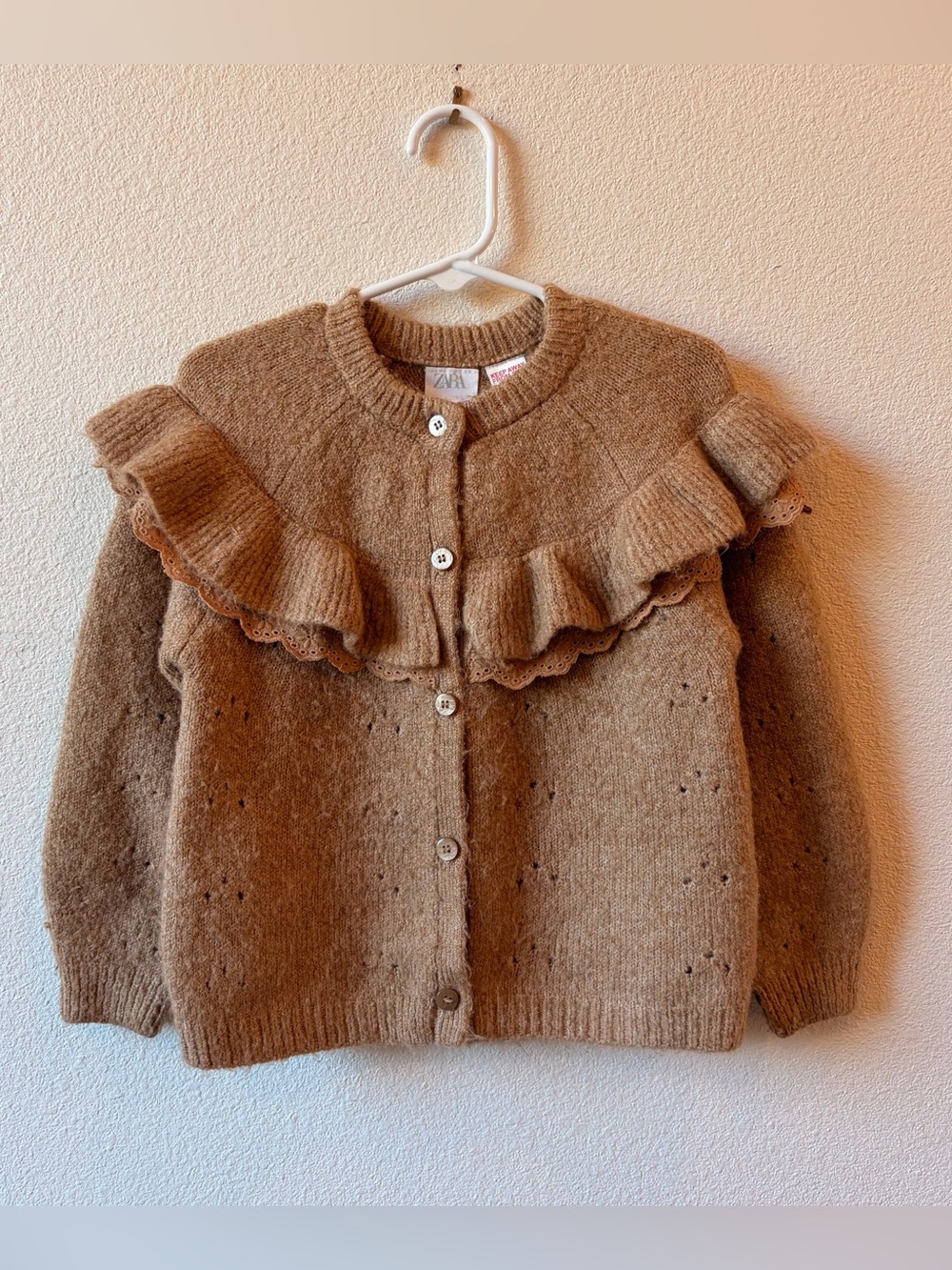 Zara 3-4 Years Ruffled Knit Cardigan in Camel